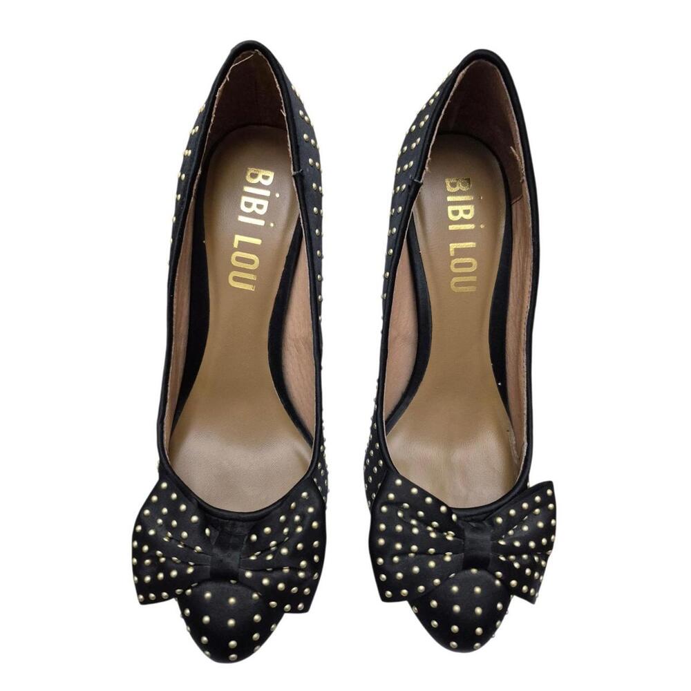 Bibi Lou Black Studded Bow Heels Pumps Women’s EU 39 Leather Stiletto